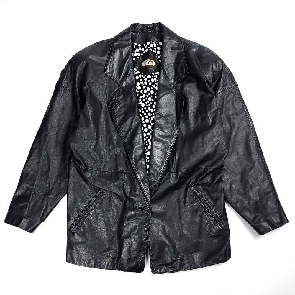 Vintage 80s Black Leather Blazer Single Button Retro Grunge Jacket Medium